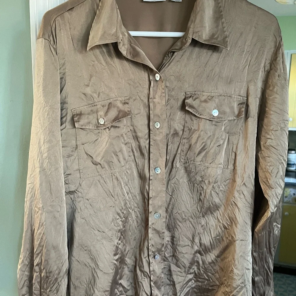 Chico's Taupe Button-Up silk top - Picture 1 of 3